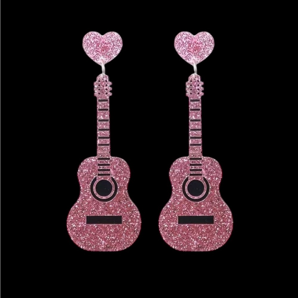 Sparkle with style: Pink guitar glitter acrylic earrings - Picture 8 of 13
